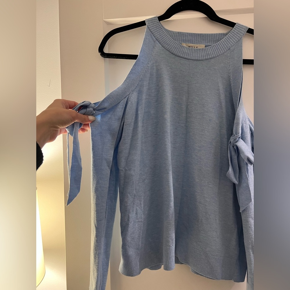 MILLY Blue cold shoulder sweater with bows, XS